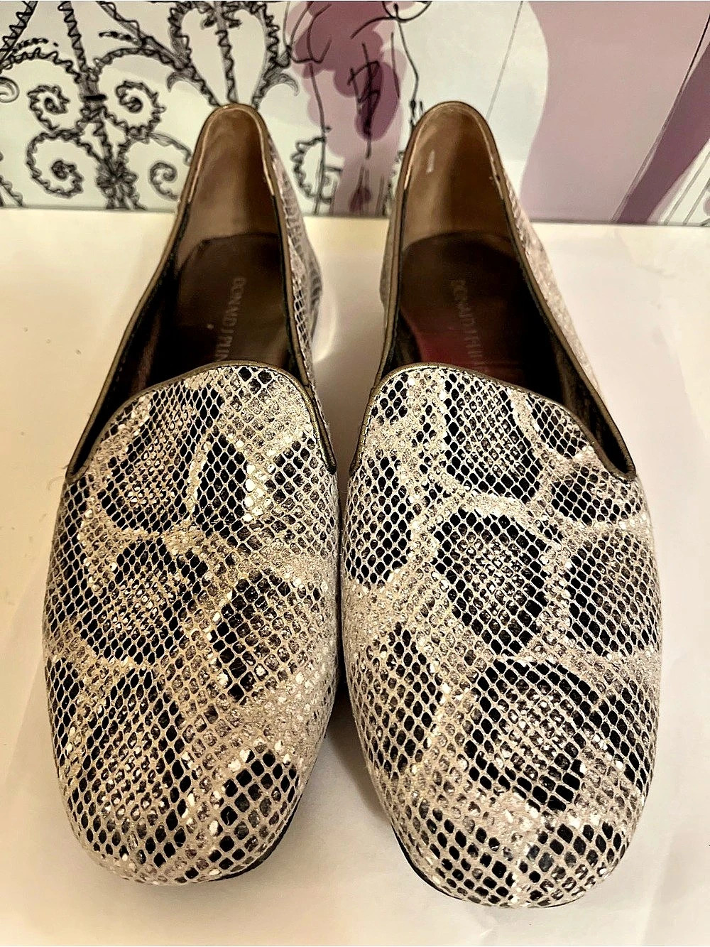 Donald J Pliner Metallic Snakeskin Print Leather Loafer Flats 7M